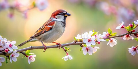 Sticker - Sparrow perched delicately on a blooming branch in spring , sparrow, perched, bird, blossoming, branch, spring, nature, wildlife