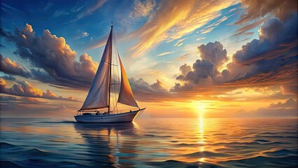 Poster - Realistic painting of a sailboat on the ocean at sunset , sailboat, ocean waves, sunset, sunrise, painting, realistic, surrealism