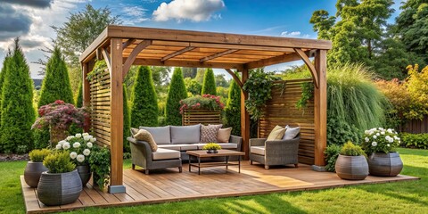 Poster - Picture of a cozy arbour with comfortable garden furniture, arbour, garden, furniture, outdoor, relaxation, peaceful, tranquil