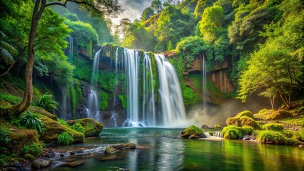 Poster - Majestic waterfall flowing through lush forest scenery, waterfall, forest, nature, serene, tranquil, beautiful, landscape