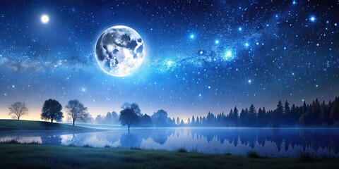 Wall Mural - Landscape featuring a serene night sky with a full moon and twinkling stars , Moon, stars, night, sky, landscape, nature