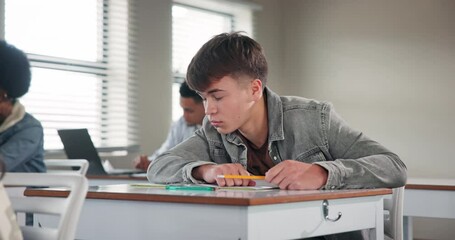 Poster - Education, exhausted and paper ball with boy student in class for development, learning or study. Book, sleep or wake up and tired teen in classroom with assessment, growth or scholarship fatigue