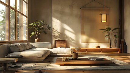 Wall Mural - Modern interior design in Japandi style living room