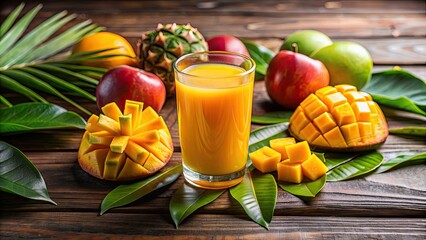 Sticker - Refreshing glass of mango fresh juice surrounded by tropical fruits , mango, fresh, juice, glass, tropical, fruits, refreshing