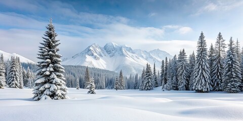 Poster - Minimalist snow-covered mountain landscape with pine trees and a serene white blanket of snow, Winter, Wonderland, Mountain