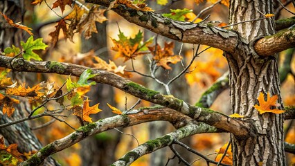 Poster - Mossy oak tree branches leaves camouflage pattern texture, camouflage, nature, woodland, forest, branches, leaves, texture