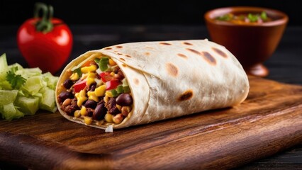 Poster - a burrito with a side of vegetables on a cutting board