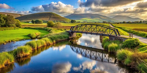 Sticker - Irish rural landscape near Cahersiveen with iron bridge across canal, Ireland, rural, landscape, village