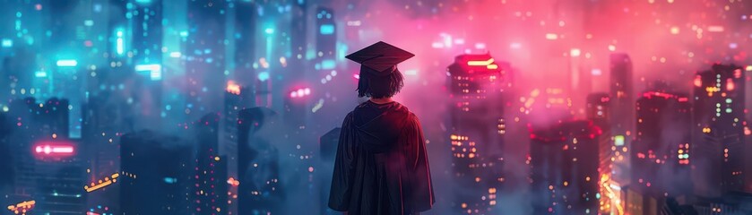 Young academic in cap and gown, back to the viewer, gazing at a neonlit urban skyline, symbolizing hope and aspirations