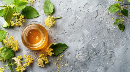 Poster - Liquid honey from Linden flowers in a jar on a concrete background with space for text