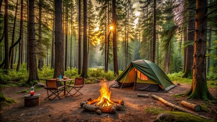 Wall Mural - Tranquil campsite nestled in the woods with a cozy tent, campfire, and serene atmosphere, camping, woods, nature, tranquil