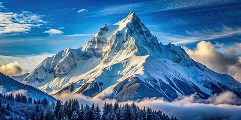 Sticker - Majestic mountain peak covered in snow under a blue sky, mountain, winter, snow, peak, summit, breathtaking, nature