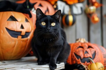 Wall Mural - Black cat with yellow eyes in front of Halloween pumpkins and decorations.