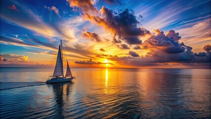 Sticker - Sailboat sailing into stunning sunset over calm ocean waters, creating a serene atmosphere, sailboat, sunset, ocean