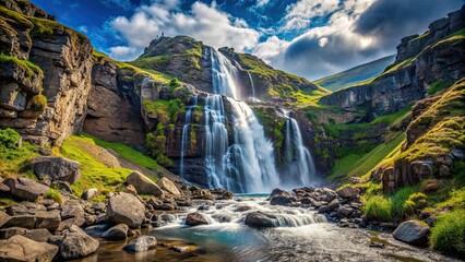 Sticker - Waterfall cascading down rocky cliffs in a mountainous landscape, waterfall, rocks, mountains, nature, flowing