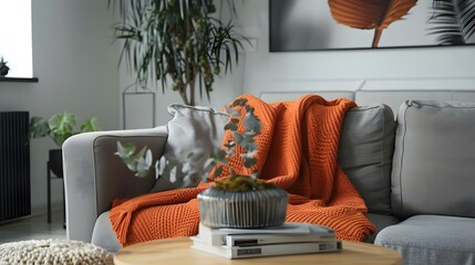 Wall Mural - Orange blanket on grey sofa in modern apartment interior