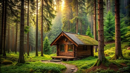 Wall Mural - Wooden cabin nestled in a lush forest setting, cabin, house, wooden, forest, trees, nature, tranquil, peaceful, remote