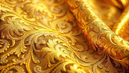 Poster - Macro shot of intricate golden brocade fabric weave bathed in soft light , brocade, fabric, textile, macro, close-up, intricate