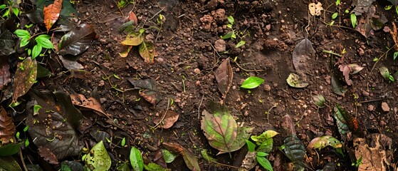 Wall Mural - Panoramic close-up, high detail scan of rainforest soil texture, Generative AI 
