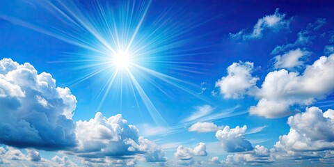 minimalistic stock photo of a clear blue sky with fluffy clouds and bright sun in the background , s