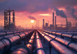 © beldesigne - Industrial landscape at sunset: Pipes and oil refineries against a dramatic sky.Design for sites dedicated to energy, ecology, oil and gas industry