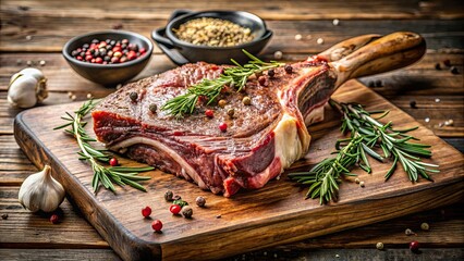 Wall Mural - Juicy and tender rib of beef with herbs and spices on a wooden cutting board , prime rib, meat, cooking, roast, savory