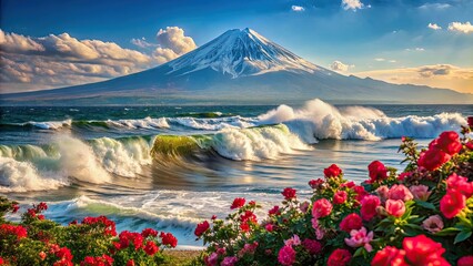 Canvas Print - Iconic Mount Fuji with big waves crashing against the shore, surrounded by vibrant roses, Japan, iconic, landscape, volcano