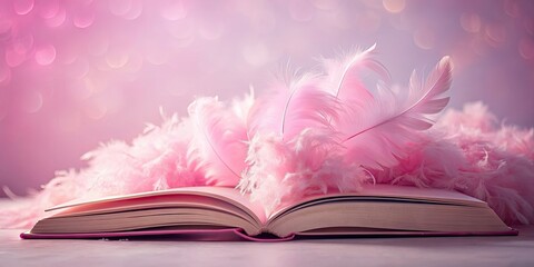 Wall Mural - Pink fluffy feather wings gently embracing an open book against a dreamy pink background, feathers, wings, pink, fluffy