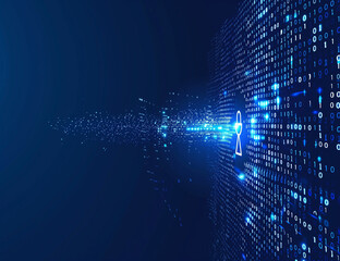 
Blue abstract background with binary code and keyhole symbol in the center, security concept vector illustration on black backdrop