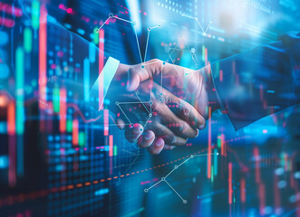 Wall Mural - Businessmen handshake on digital background with financial graph and global network connection