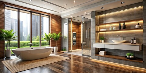 Wall Mural - Modern room with a sleek bathroom design, modern, room, sleek, bathroom, interior, contemporary, design, luxury, clean