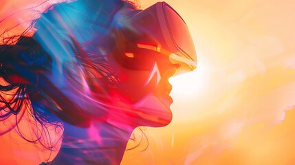 Vibrant digital art of a person using virtual reality headset against a glowing sunset backdrop, capturing the fusion of technology and imagination.
