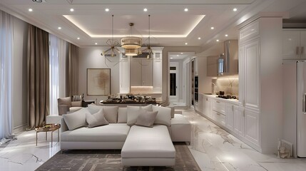 Wall Mural - Luxurious interior design of living room and white kitchen