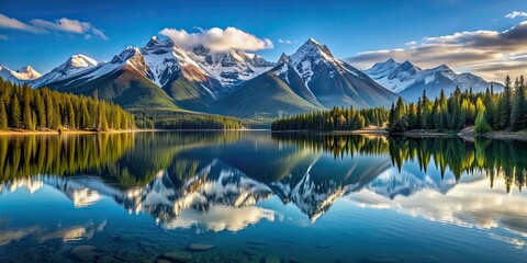 Sticker - Mountain landscape with a serene lake reflecting the snow-capped peaks in the background, mountains, landscape, nature