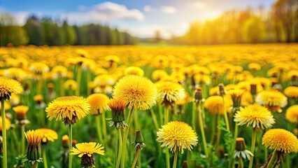 Poster - Vibrant field of dandelions in full bloom , nature, flowers, blooming, yellow, field, spring, fresh, meadow, flora, sunny