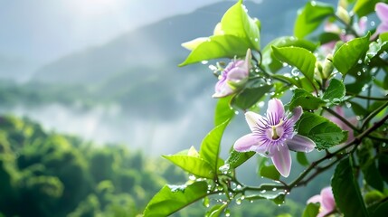 Canvas Print - Passion Flowers Floating Through Misty Mountain Landscape