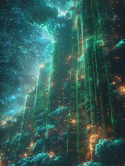 Poster - A large city wall and buildings with futuristic technology and visible code. 