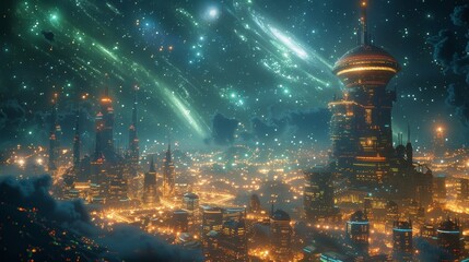 Wall Mural - a large city wall and buildings with futuristic technology and visible code.