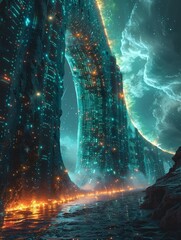 Wall Mural - a large city wall and buildings with futuristic technology and visible code.