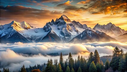 Wall Mural - Majestic misty mountain landscape with snow-capped peaks , misty, mountain, landscape, snow-capped, peaks, majestic, nature