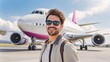 © Adam - A cheerful man wearing sunglasses and a backpack smiles in front of an airplane at the airport, ready for his travel adventure.
