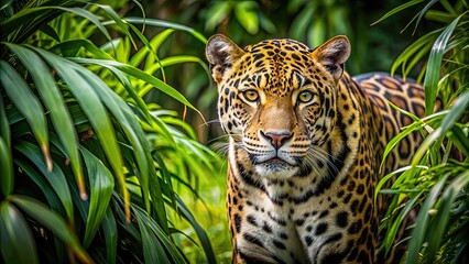 Wall Mural - jaguar stealthily navigating through dense jungle vegetation, wildlife, predator, feline, rainforest