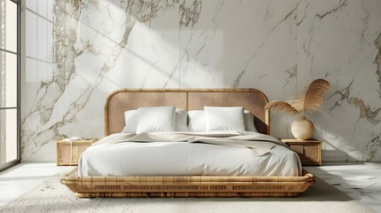 Wall Mural - Modern bedroom interior mock-up with wooden rattan bed