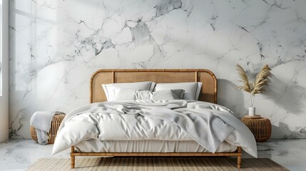 Wall Mural - Modern bedroom interior mock-up with wooden rattan bed