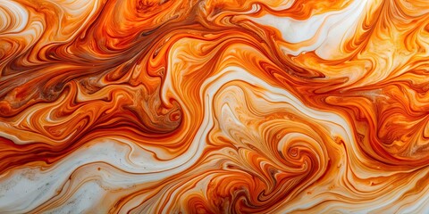 Sticker - Orange and brown ink swirls on a marble surface , Ink, swirls, marbling, marble, texture, abstract, background, orange