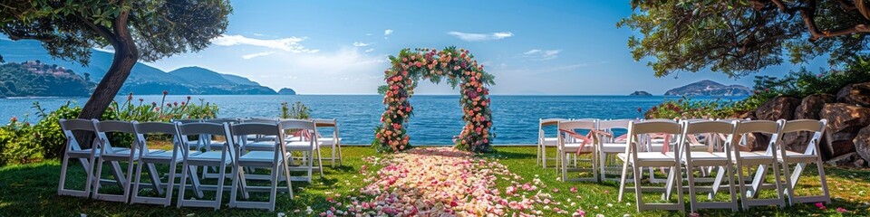 Wall Mural - An outdoor wedding with pink rose archway. 