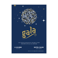 Wall Mural - Gala dinner invitation template, retro disco ball and gold typography on dark blue