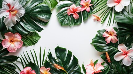 Poster - Tropical flowers and leaves composition on a white backdrop