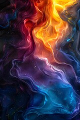 Wall Mural - A colorful, abstract painting of a fire with a blue, red, and yellow flame. The painting is full of bright colors and has a dreamy, ethereal quality