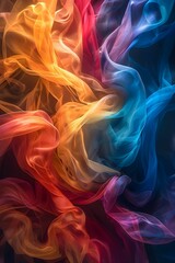 Wall Mural - A colorful, abstract painting of a fire with a blue, red, and yellow flame. The painting is full of bright colors and has a dreamy, ethereal quality